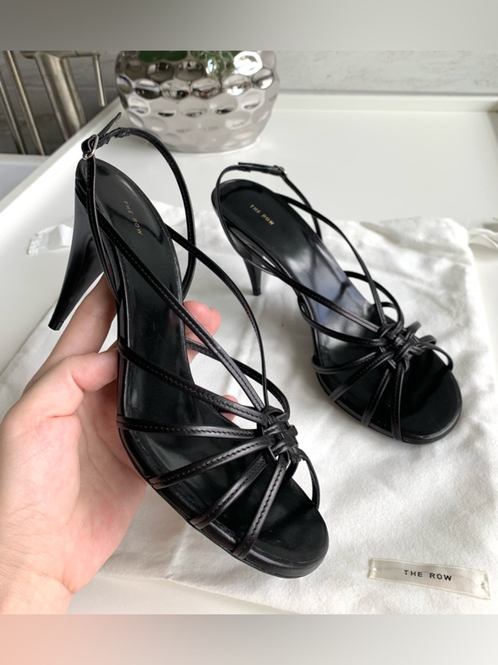The Row Black Leather Strappy Knot Detail  Slingback Sandals,Size EU37.5/US 7.5. - Picture 2 of 14